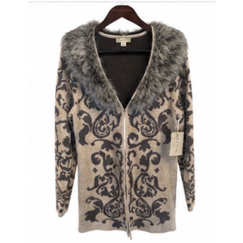 Nurture Cardigan Women Medium Oatmeal Grey New Faux Fur Trim Damask Wool Blend
